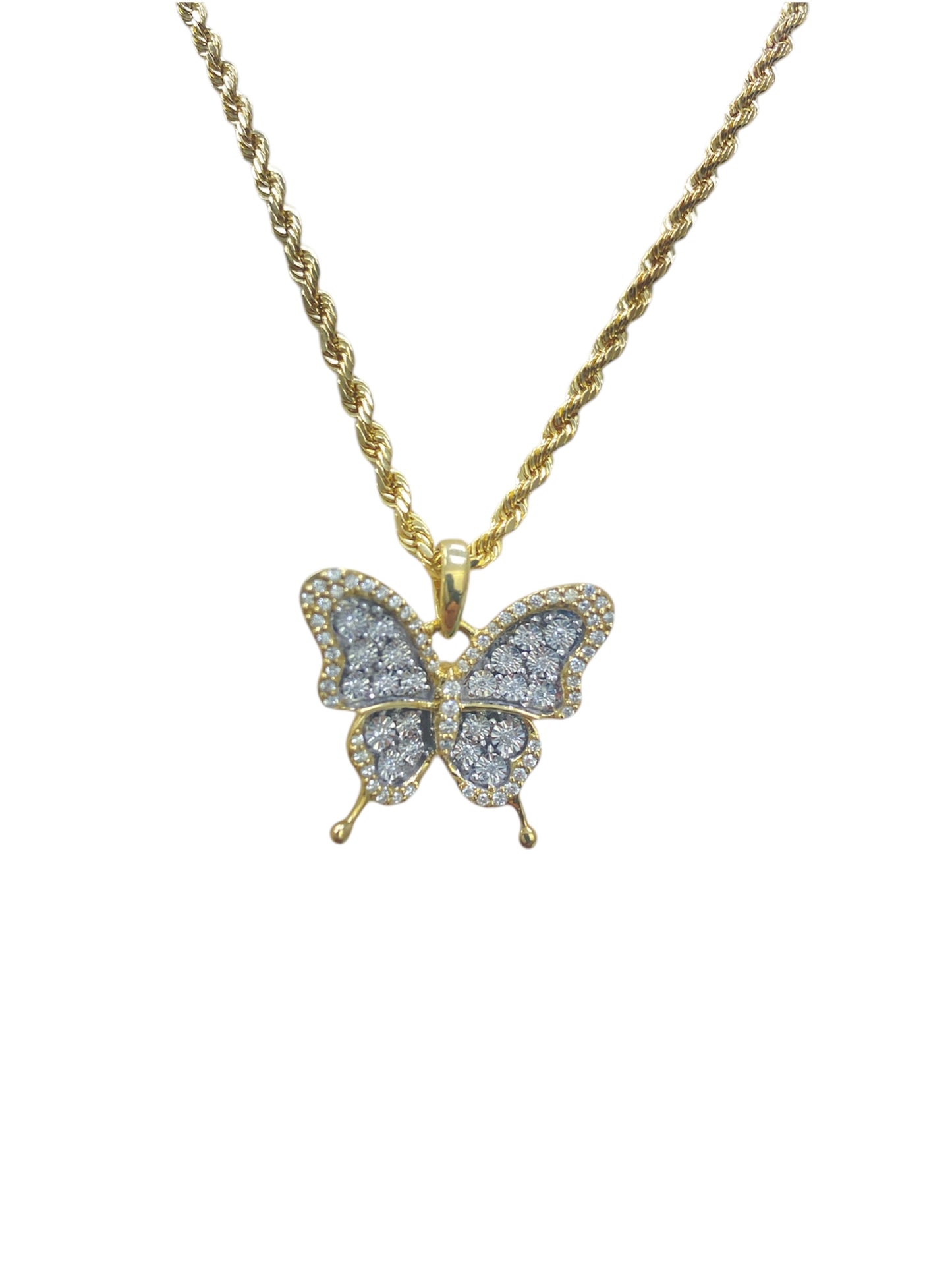 10K Yellow Gold “Butterfly Pendant” with 0.34Ct Diamonds and 10K Rope Chain.