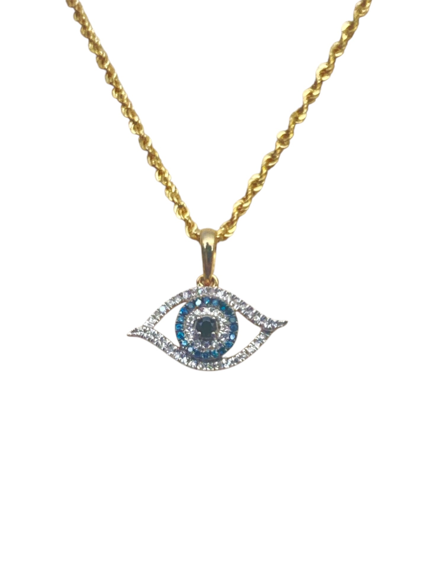10K Yellow Gold “Evil Eye Pendant” with 0.15Ct Diamonds and 10K Rope Chain.