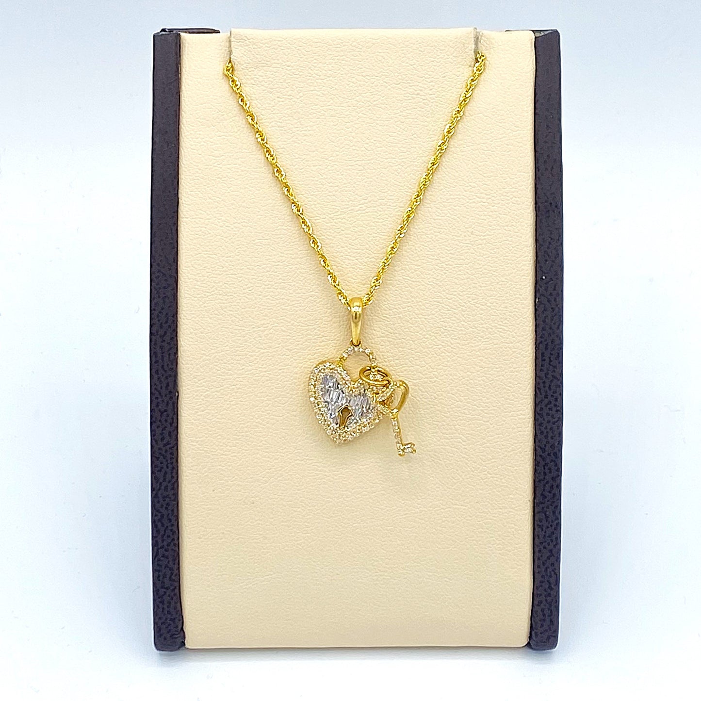 10K Yellow Gold "Heart Lock with Key" Pendant with Rope Chain.
