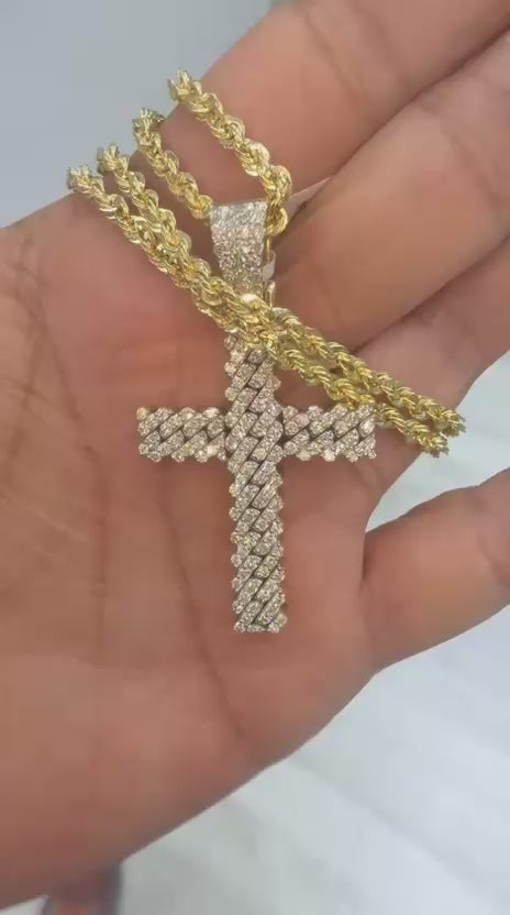 10K YG 2.10CT Diamond Cross Pendant with 10K Rope Chain