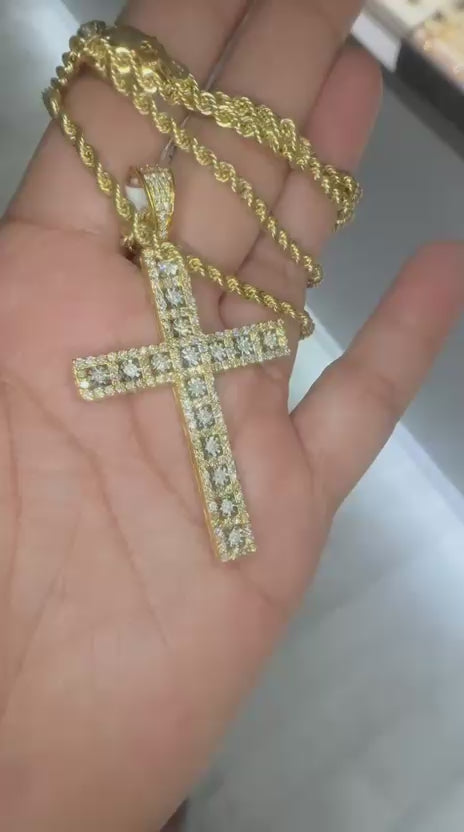 10K Yellow Gold 2.15CT Diamond Cross Pendant with Rope Chain